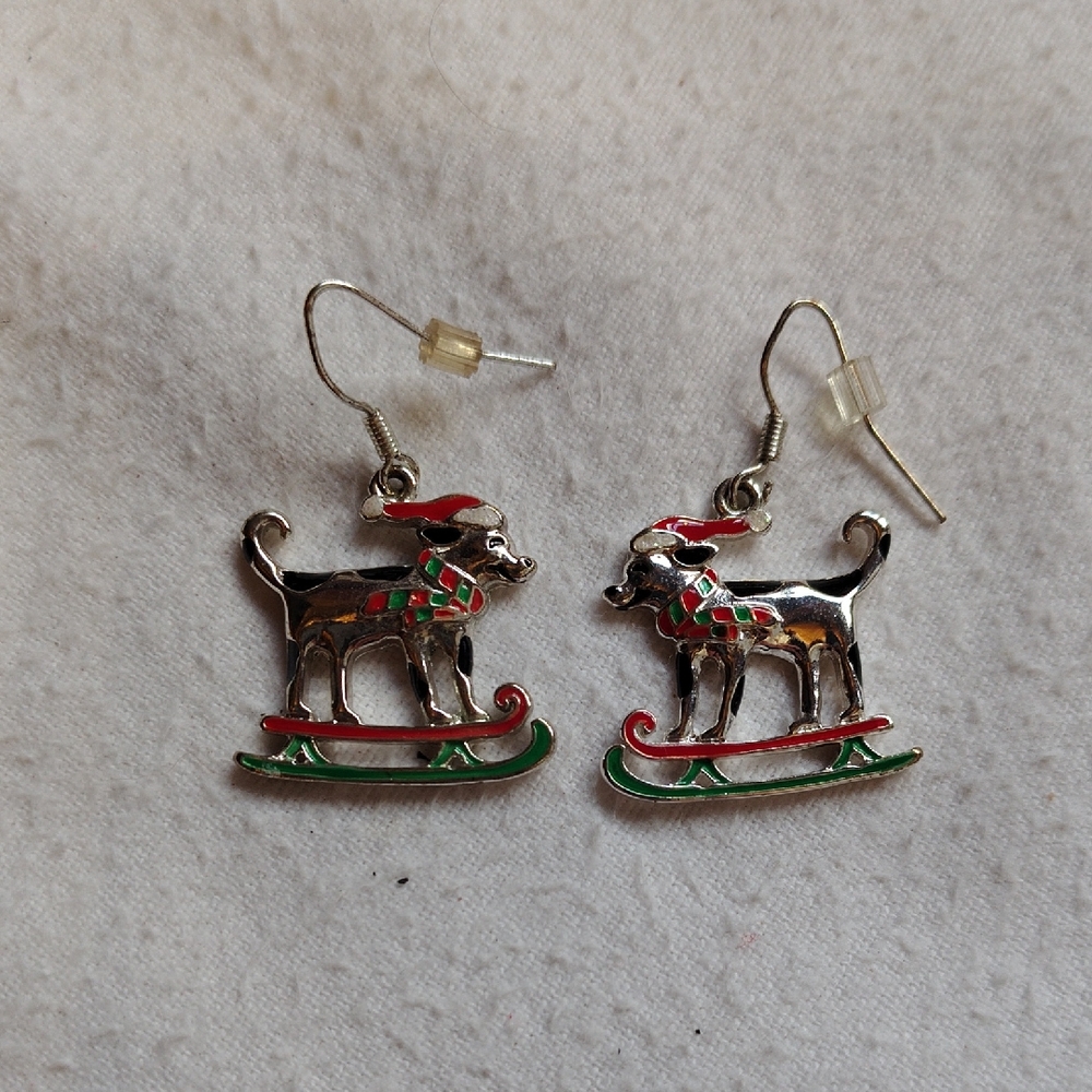 Festive Dog on Sled Enamel Drop Earrings - Red & Green